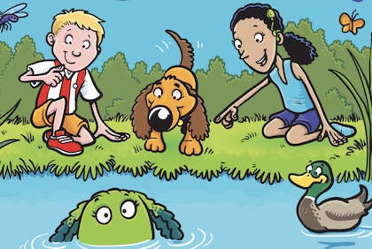A cartoon shows two children and a dog looking into a lake with a duck and a friendly-looking green monster