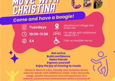 Inclusive dance class poster for adults with additional needs, featuring activity photos and details for weekly sessions at Marchwood Village Hall
