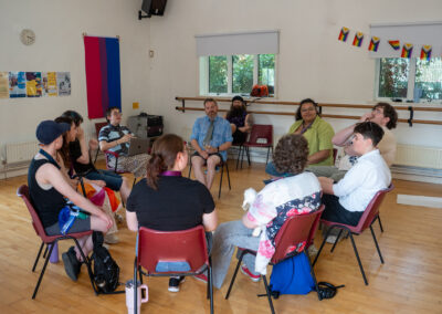 Group of people sat in a circle discussing theatre