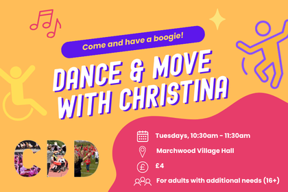 Inclusive dance class poster for adults with additional needs, featuring activity photos and details for weekly sessions at Marchwood Village Hall
